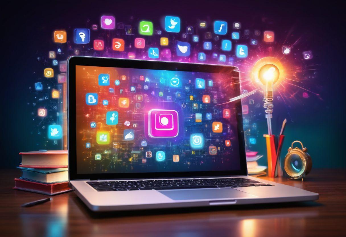 A whimsical key unlocking a glowing laptop, surrounded by floating social media icons, vibrant light trailing from the key, representing secrets of blogging. Behind, a stylish bookshelf filled with books on writing and digital marketing, hinting at tips for success. bright colors. modern digital art.