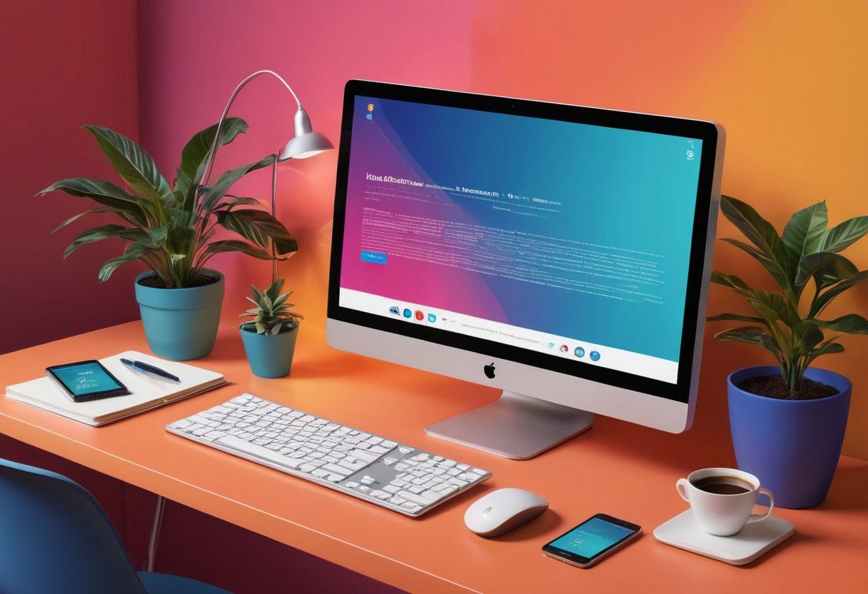 A visually striking illustration featuring a computer with vibrant digital content flowing out of it, symbolizing the transformation of a personal blog into a thriving platform. Surround the computer with icons representing various content types: videos, articles, and social media. Include a backdrop of a creative workspace filled with notebooks, a coffee cup, and plants to evoke inspiration. Emphasize a sense of growth and dynamism with bright colors and engaging textures. super-realistic. vibrant colors. modern design.