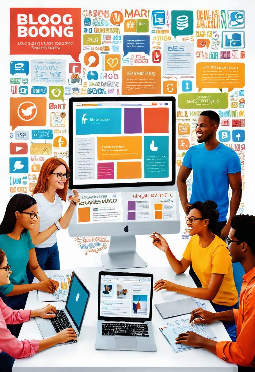 A diverse group of people gathered around a large computer displaying a vibrant blog page, sharing ideas and discussing content. Banners and posters in the background highlight various marketing strategies and social media icons. Warm, inviting colors suggest a sense of community and engagement. Soft lighting to create an atmosphere of creativity and collaboration. super-realistic. vibrant colors. white background.